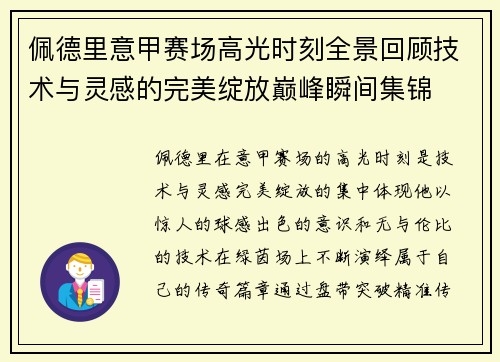 佩德里意甲赛场高光时刻全景回顾技术与灵感的完美绽放巅峰瞬间集锦